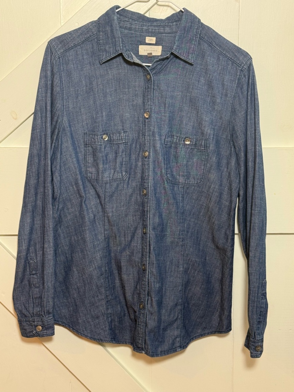LOFT The Softened Shirt Blue Chambray Denim Button Up Top Size M